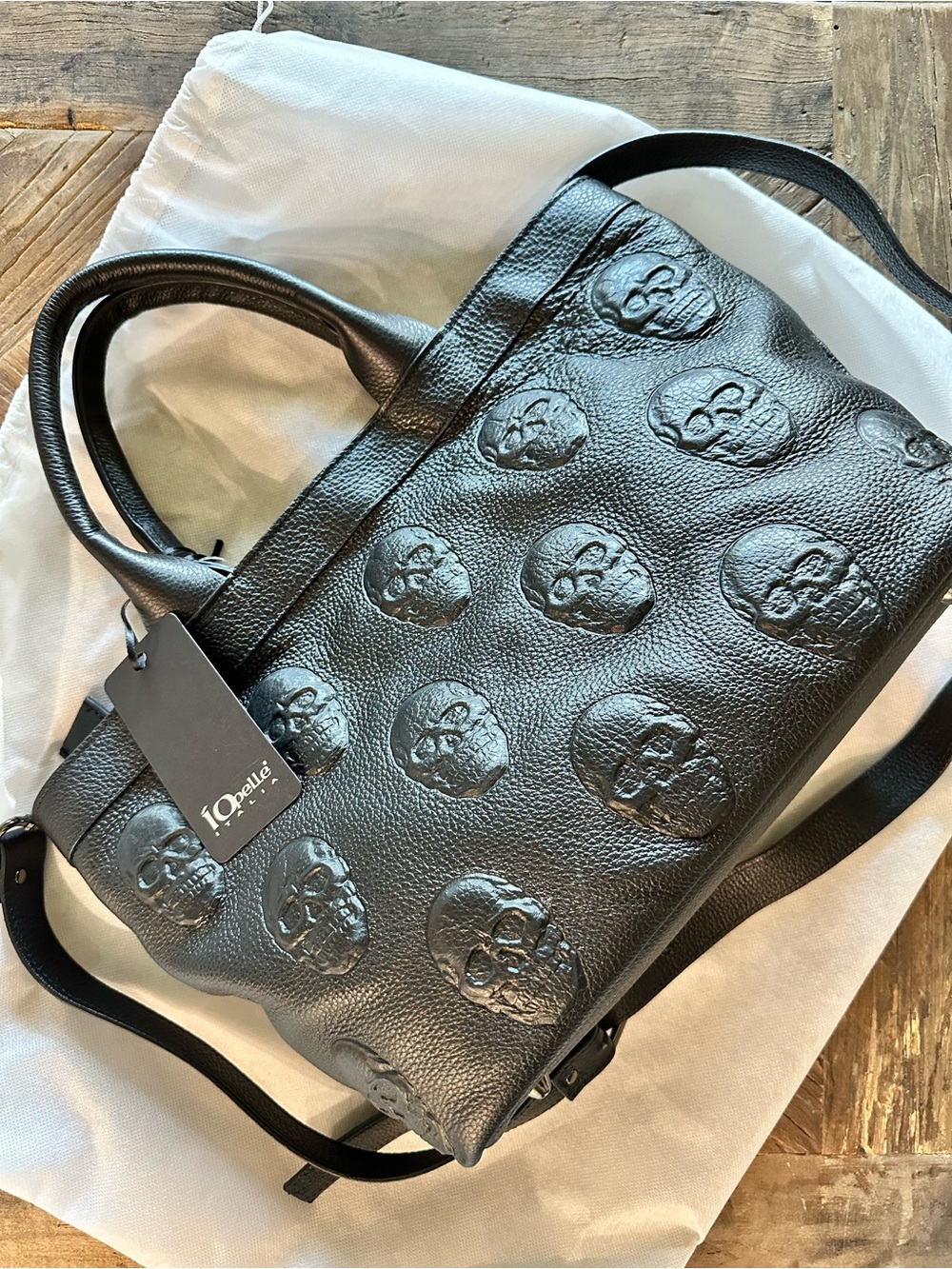 Black Embossed Skull Leather Tote Crossbody